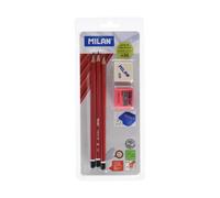 Milan Ensemble Crayons, Gomme et Taille-Crayon Rouge