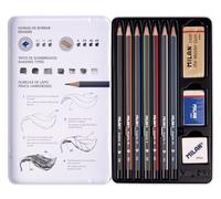MILAN Lot de 7 crayons graphite – 2H, HB, B, 2B, 4B, 6B; 2 gommes, taille‑crayons, étui métallique