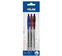 Milan P1 Lot de 3 Stylos Bille Rétractables - Pointe Ronde 1 mm - Corps Transparent - Couleur Bleu, Noir et Rouge G