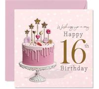 Milestone Carte d'anniversaire 16 ans - Sparkling Sweet Sixteen Vibes - Gâteau goutte à goutte rose et doré avec étoiles et cœurs - Carré de 145 mm, enveloppe incluse