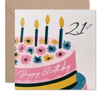 Milestone Carte d'anniversaire 21 ans - Gâteau d'anniversaire rose illustré avec bougies florales - Carré de 145 mm, enveloppe incluse