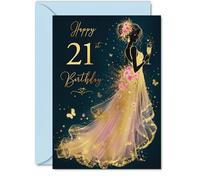 Milestone Carte d'anniversaire 21 ans - Raise a Glass to Turning 21 - Robe dorée glamour, fleurs et papillons roses - 12,7 x 17,8 cm, enveloppe incluse
