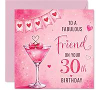 Milestone Carte d'anniversaire 30 ans - Raise a Glass to Their Big 3-0 - Cocktail rose et cœurs pailletés - Carré de 145 mm, enveloppe incluse