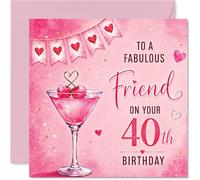 Milestone Carte d'anniversaire 40 ans - Raise a Glass to Fabulous at Forty - Cocktail étincelant, cerises et fanions de cœur en rose et or - Carré de 145 mm, enveloppe incluse