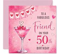 Milestone Carte d'anniversaire 50 ans - Élevez un verre pour tourner 50 ans - Motif cocktail rose chic avec accents dorés et cœurs - Carré de 145 mm, enveloppe incluse