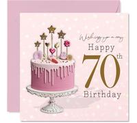 Milestone Carte d'anniversaire 70 ans - Raise a Toast to 70 - Gâteau goutte à goutte rose avec étoiles et cœurs dorés - Carré de 145 mm, enveloppe incluse