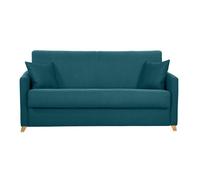 Canapé convertible 3 places en tissu bleu canard et bois clair avec matelas 18 cm SKANDY
