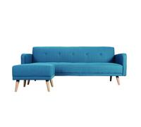 Canapé convertible scandinave 3 places avec repose-pieds en tissu bleu canard et bois clair ULLA