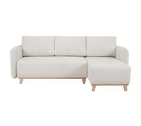 Canapé d'angle convertible et réversible 3-4 places en tissu effet velours beige et bois clair ROMANE