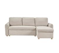 Canapé d'angle convertible réversible avec coffre 3 places en tissu chenille beige et bois clair ORSO