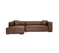 Canapé d'angle gauche vintage 4-5 places en cuir marron et bois noir COBAIN