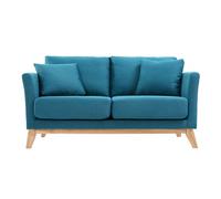 Canapé scandinave déhoussable 2 places en tissu bleu canard et bois clair OSLO