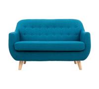 Canapé scandinave déhoussable 2 places en tissu bleu canard et bois clair YNOK