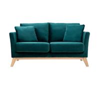 Canapé scandinave déhoussable 2 places en tissu velours bleu pétrole et bois clair OSLO