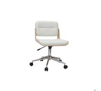 Chaise de bureau à roulettes design blanc, bois clair et acier chromé ARAMON