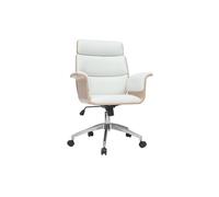 Fauteuil de bureau à roulettes design blanc, bois clair et acier chromé ELON