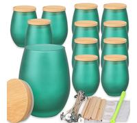 MILIVIXAY Lot de 12 Pots à Bougies de 414 g Avec Couvercles en Bambou - Pots Verts Mats Ovales en Verre Pour Fabrication de Grandes Bougies - Kit Inclus