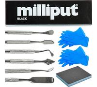Milliput Lot de 10 mastic époxy version noire - avec outils de sculpture, tampon de ponçage et gants - Argile de plombier en plastique moulé à l'air libre - Kit de réparation de copeaux de carrelage
