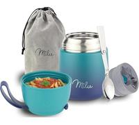 Milu Boîtes Alimentaires Isothermes 450 ml Boîte Isotherme Repas Chaud Porte-Aliments en Acier Inoxydable à Double Couche, Cuillère Pliante pour Ecole, Bureau (450ml/Vert Bleu)