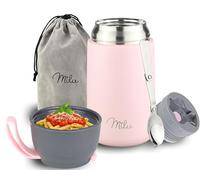 Milu Boîtes Alimentaires Isothermes 450ml I 650ml I 800ml, Boîte Isotherme Repas Chaud Porte-Aliments en Acier Inoxydable à Double Couche, Cuillère Pliante, pour Bureau (800ml/Rose)