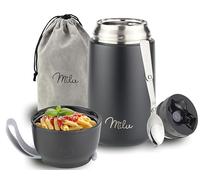 Milu Boîtes Alimentaires Isothermes 450ml I 650ml I 800ml, Boîte Isotherme Repas Chaud Porte-Aliments en Acier Inoxydable à Double Couche, Cuillère Pliante pour Ecole, Bureau (800ml/Noir)