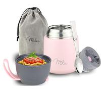 Milu Boîtes Alimentaires Isothermes 450ml I 650ml I 800ml, Boîte Isotherme Repas Chaud Porte-Aliments en Acier Inoxydable à Double Couche, Cuillère Pliante, pour Bureau (450ml/Rose)