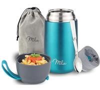 Milu Boîtes Alimentaires Isothermes 450ml I 650ml I 800ml, Boîte Isotherme Repas Chaud Porte-Aliments en Acier Inoxydable à Double Couche, Cuillère Pliante, pour Bureau (800ml/Verde)