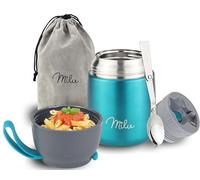 Milu Boîtes Alimentaires Isothermes 450ml I 650ml I 800ml, Boîte Isotherme Repas Chaud Porte-Aliments en Acier Inoxydable à Double Couche, Cuillère Pliante, pour Bureau (450ml/Verde)