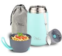 Milu Boîtes Alimentaires Isothermes 450ml I 650ml I 800ml, Boîte Isotherme Repas Chaud Porte-Aliments en Acier Inoxydable à Double Couche, Cuillère Pliante pour Ecole, Bureau (800ml/Menthe)