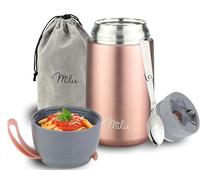 Milu Boîtes Alimentaires Isothermes 800 ml Boîte Isotherme Repas Chaud Porte-Aliments en Acier Inoxydable à Double Couche, Cuillère Pliante pour Ecole, Bureau (800ml/Or rose)