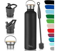 Milu Bouteille en acier inoxydable 350ml, 500ml, 750ml, 1l (+3 couvercles) - Bouteille thermo avec paille, bouteille d'eau, pour boissons chaudes, froides et gazeuses (Noir, 1L)