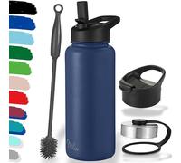 Milu Bouteille en acier inoxydable 500ml, 750ml, 1000ml (+3 couvercles) - Bouteille thermo avec paille, bouteille d'eau, pour boissons chaudes, froides et gazeuses (Bleu marine, 1000ml)