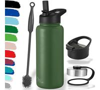 Milu Bouteille en acier inoxydable 500ml, 750ml, 1000ml (+3 couvercles) - Bouteille thermo avec paille, bouteille d'eau, pour boissons chaudes, froides et gazeuses (Vert olive, 1000ml)