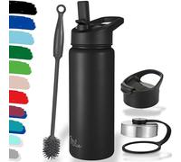 Milu Bouteille en acier inoxydable 500ml, 750ml, 1l (+3 couvercles) - Bouteille thermo avec paille, bouteille d'eau, pour boissons chaudes, froides et gazeuses (noire, 500ml)