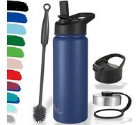 Milu Bouteille en acier inoxydable 500ml, 750ml, 1l (+3 couvercles) - Bouteille thermo avec paille, bouteille d'eau, pour boissons chaudes, froides et gazeuses (Bleu marine, 500ml)