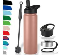 Milu Bouteille en acier inoxydable 500ml, 750ml, 1l (+3 couvercles) - Bouteille thermo avec paille, bouteille d'eau, pour boissons chaudes, froides et gazeuses (Or rose, 750ml)