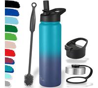 Milu Bouteille en acier inoxydable 500ml, 750ml, 1l (+3 couvercles) - Bouteille thermo avec paille, bouteille d'eau, pour boissons chaudes, froides et gazeuses (vert bleu, 750ml)