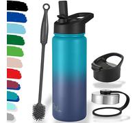 Milu Bouteille en acier inoxydable 500ml, 750ml, 1l (+3 couvercles) - Bouteille thermo avec paille, bouteille d'eau, pour boissons chaudes, froides et gazeuses (vert bleu, 500ml)
