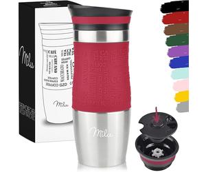Milu Gobelet isotherme en acier inoxydable - 100 % anti-fuites - 370 ml - Double paroi isolante - Pour boire en déplacement en voiture, Acier inoxydable, rouge, 370 ml