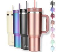 Milu Gobelet thermique 1200ml avec paille & anse, 24h glacé / 12h chaud Tumbler 40oz en acier inoxydable avec poignée, isolant bouteille to go (Rose Gold, 1200ml)