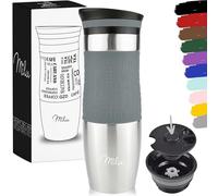 Milu Mug Isotherme Etanche 370ml, 450ml I Thermos Café-Thé I Tasse isolée pour café et thé à emporter, Double Paroi Isolée sous Vide, Acier Inoxydable I Tasse de voyage Chaud & froid (450ml, Gris)