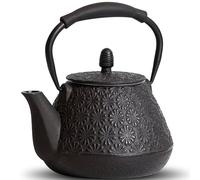 MILVBUSISS Théière en fonte, 950ml Motif japonais de fleurs de cerisier, Utilisable sur cuisinière, Infuseur pour thé en vrac & café, Poignée en silicone, Intérieur émaillé, 32oz Noir