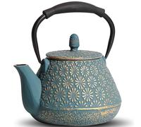 MILVBUSISS Théière en fonte japonaise à motif de sakura en émail, 950 ml, avec infuseur pour thé en feuille et café, poignée en silicone, sûre pour la cuisinière, 32 oz bleu