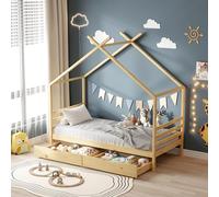 MINEA | Lit cabane pour Enfant 90x190 cm en Bois Naturel avec Deux tiroirs de Rangement Bambino (Matelas Non Inclus)