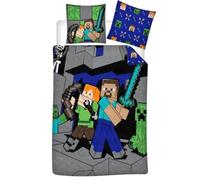 Minecraft Battle Housse de Couette 140x200 + Taie 65x65 Polycoton | Parure de lit réversible 1 personne | Polycoton séchage rapide | Licence officielle Minecraft | Cadeau | Lavable en machine