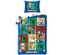 Minecraft Creepers Housse de Couette 140x200 + Taie 70x90 Coton | Parure de lit réversible 1 personne | Coton naturel respirant Oeko-Tex | Licence officielle | Cadeau | Lavable en machine