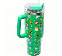 Minecraft Gobelet isotherme en acier inoxydable avec paille et poignée pour eau, thé glacé, café ou smoothie 1200 ml