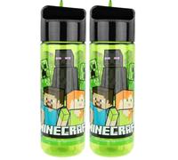 Minecraft - Gourde pour enfants, environ 540 ml, design transparent avec motif Minecraft et paille intégrée à rabat, en plastique (Lot de 2)