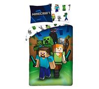 Minecraft Housse de Couette 140x200 + Taie 70x90 100% Coton Cadeau | Parure de lit réversible 1 personne | Coton naturel respirant | Licence officielle | Enfant | Cadeau | Lavable en machine