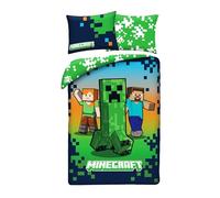 Minecraft Housse de Couette 140x200 + Taie 70x90 Creeper Steve Alex Vert | Parure de lit réversible 1 personne | Microfibre séchage rapide Oeko-Tex | Zombie Panda Fox | Licence officielle | Cadeau